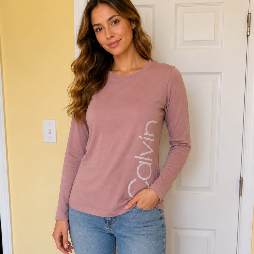 Calvin Klein Mauve Long-Sleeve Crewneck Top with Side Logo
